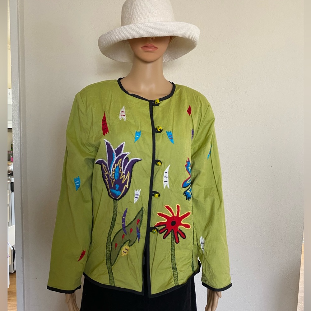 ALEX KIM  Boho Lime Green Embroidered Jacket Size Medium